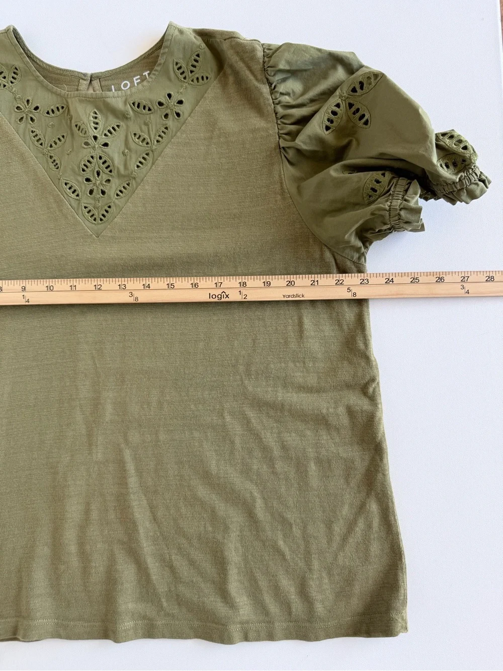 LOFT Olive Green Eyelet Puff Sleeve Cotton Blouse XL Cottagecore